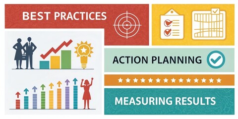 Fototapeta premium business best practices infographic with action planning measuring results and strategic growth icons