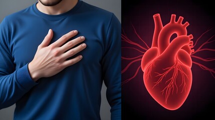 Man clutching chest with pain and illuminated red heart