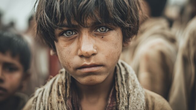 A dirty hungry orphan boy in a refugee camp gazes sorrowfully his eyes reflecting suffering