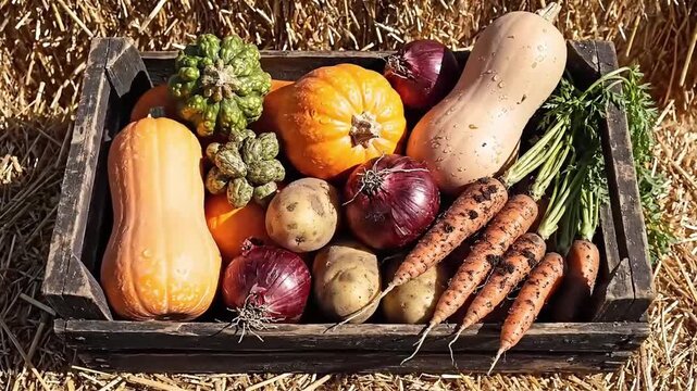 Rustic wooden crate overflowing with a bountiful harvest of autumn vegetables including pumpkins squash carrots and brussel sprouts a celebration of seasonal abundance