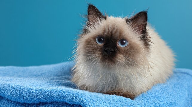 Adorable bathed seal point Persian cat resting on a blue towel against a white backdrop