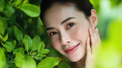A woman with beautiful skin smiles at you against a lush green backdrop showcasing Asian beauty