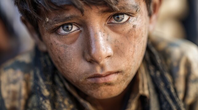 A dirty faced sorrowful orphan boy in a refugee camp gazes hungrily his clothes ragged and eyes filled with pain