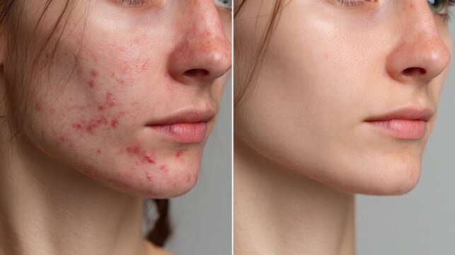 Close up of a young woman s face showcasing acne treatment results Features include blemishes redness and skin issues Topics include skin problems and beauty care