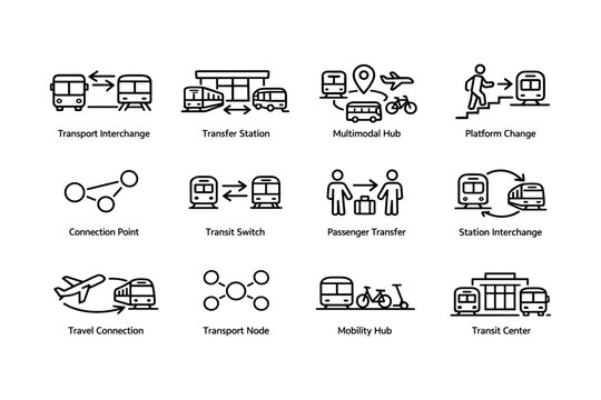 Transport interchange icons: multimodal hub and transfer station symbols
