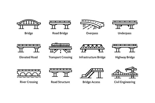 Infrastructure icons set featuring various bridge types and designs