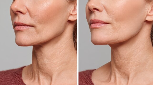 Before and after wrinkle treatment for women s nasolabial folds plus chin and neck shape correction Results of rejuvenation from an aesthetics clinic