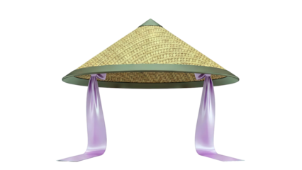 Woven Conical Hat with Purple Ribbons