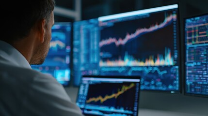 Close up of a male financial analyst studying data on laptop and large screen in an office of a consulting firm