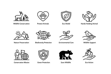 Wildlife conservation icons for environmental protection and animal awareness