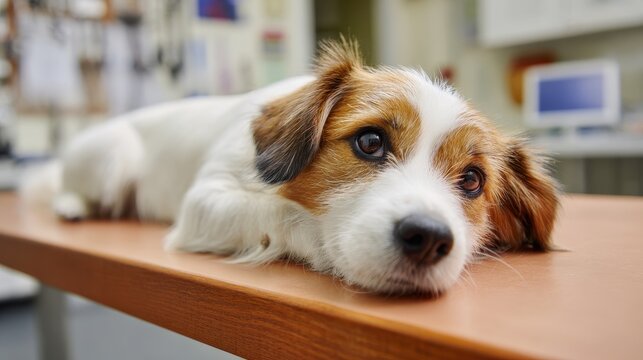 Adorable animal resting on table at veterinary office