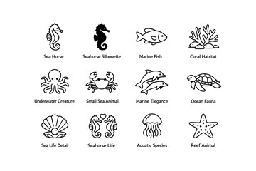 Obraz premium Underwater fauna icons: seahorse, fish, coral, marine life