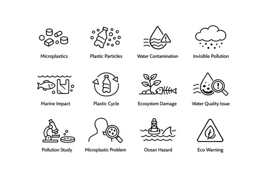 Environmental impact of microplastics and pollution icons