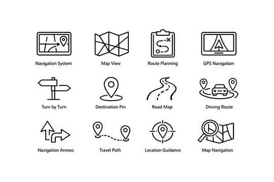 Navigation icons set featuring maps, gps, and route planning symbols