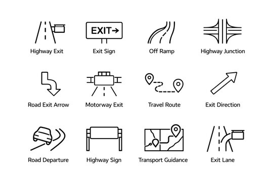 Highway exit signs and symbols for road navigation