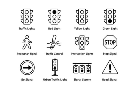 Traffic signal icons: lights, pedestrian, go, stop, control, intersection