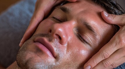 Obraz premium At a high end spa an attractive man enjoys a facial massage from a masseuse