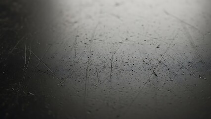 Close-up of scratched, reflective, dark surface with light highlighting imperfections, abstract texture