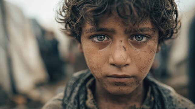 A dirty sad orphan boy in a refugee camp looks hungry and distressed