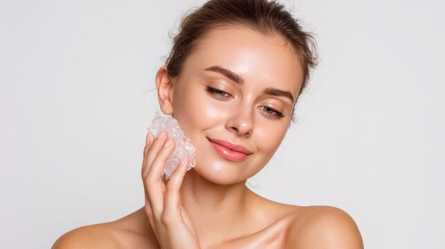 Attractive young lady using ice treatment on her face