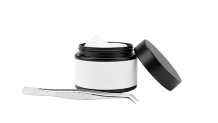 Jar of white cream with open black lid and tweezers on white background