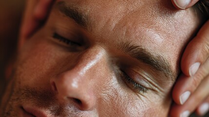 Obraz premium Detail of a man enjoying a soothing head massage with his eyes shut at a spa