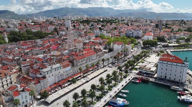Drone footage of Split Riva promenade and Saint Domnius Cathedral.