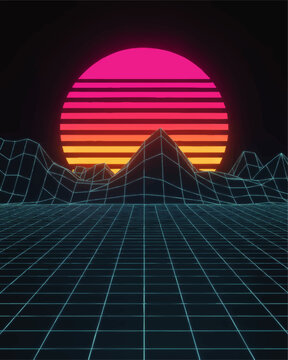 Neon retrofuturistic synthwave landscape with wireframe mountains and glowing pink orange sun on black horizon background