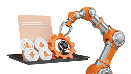 Robotic Arm and Bug Icons Symbolizing Software Debugging
