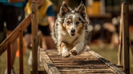 Handler and dog navigating seesaw in agility contest
