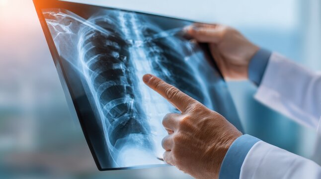 Doctor analyzing patient s x ray and indicating findings medical evaluation concept