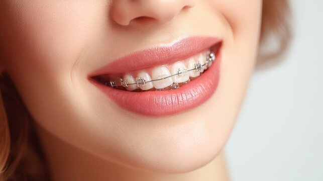 Close up of a smiling young Caucasian woman with ceramic and metal braces on her teeth against a white background Dental care concept
