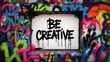 Fototapeta premium Be Creative graffiti text on colorful urban street art wall, inspirational dripping spray paint message in vibrant city window frame