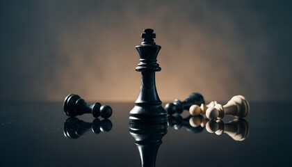 Black chess king standing on a reflective surface with fallen chess pieces around, symbolizing leadership, victory, power, strategy, dominance, competition, and business success concept.