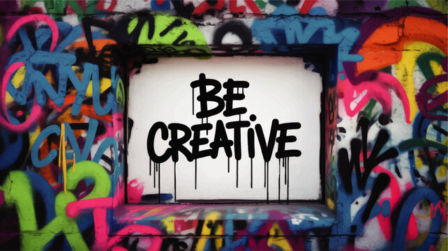 Be Creative graffiti text on colorful urban street art wall, inspirational dripping spray paint message in vibrant city window frame