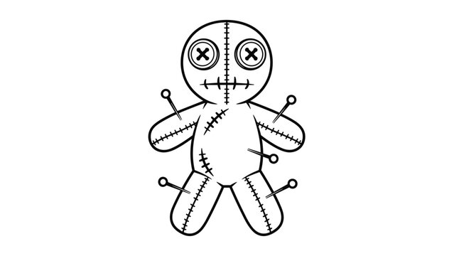Spooky black and white line art illustration of a classic voodoo doll with button eyes, stitch marks, and several pins stuck in its body.