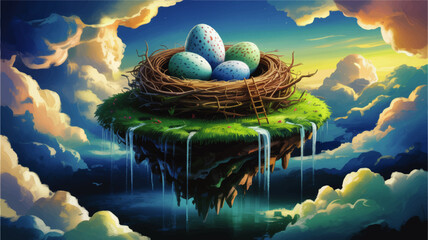 Fantasy floating island with bird nest and colorful eggs above clouds, dreamy sky landscape illustration, surreal spring nature art