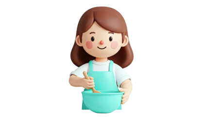 Cute 3D Girl Wearing Apron Mixing in a Bowl