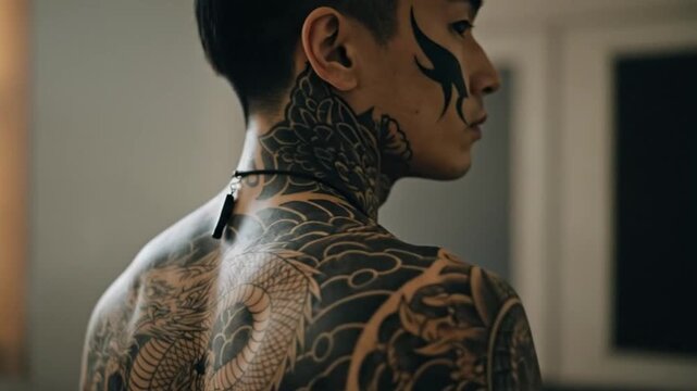 Man with full body dragon tattoo, asian modern street style, back view