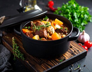 A hearty stew with large chunks of meat and vegetables, ready to serve, sits in a black pot on a wooden cutting board. Herbs and other garnishes surround it