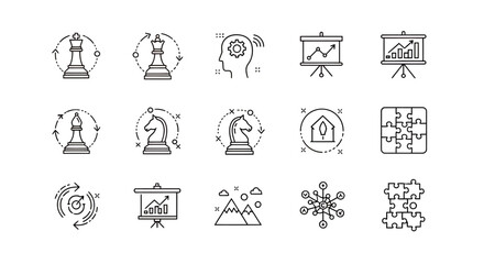 Set of black line icons representing business strategy and planning concepts.