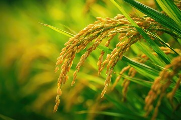 Fototapeta premium Close-up of golden rice grains with green stalks, sunlight shining