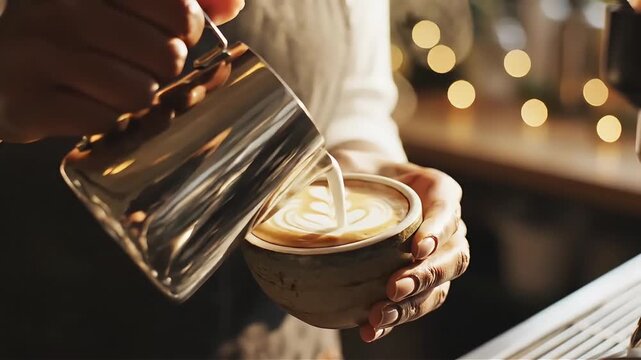 Skilled barista carefully pours steamed milk into a latte art design in a ceramic cup creating a beautiful pattern with precision and artistry at a cozy cafe