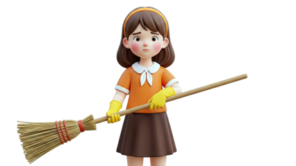 Sad Cartoon Girl with Broom and Yellow Gloves