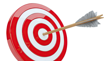 Arrow hitting the bullseye on a red and white target