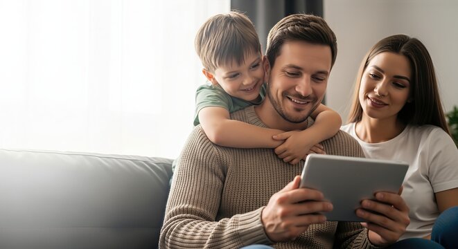 Happy young family with a small son sitting on a sofa and using a digital tablet together in a bright living room at home.