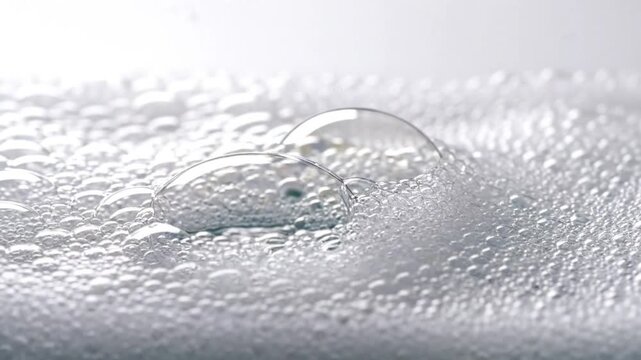 Close-up of soapy water foam bubbles with water pouring into sudsy clean white background