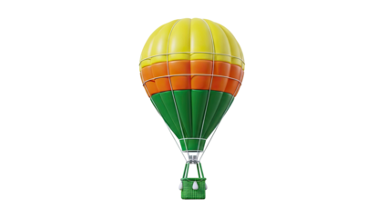 Colorful hot air balloon with a woven basket against a white background