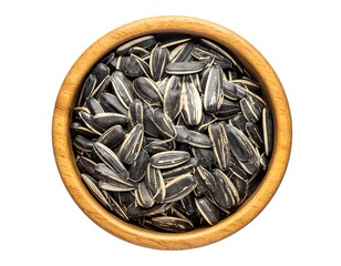 A high-angle view displays a round wooden bowl filled with black and white striped seeds against a stark white backdrop
