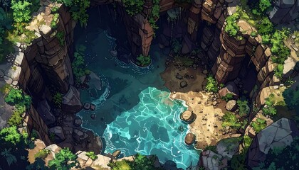 A high-angle view showcases a hidden lagoon surrounded by rocky cliffs and lush greenery, depicting a tranquil oasis